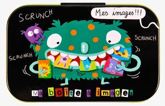 Bild av färgglad plåtburk med monster och illustrationer