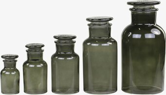 Foto av eleganta grå apotekarglas i olika storlekar