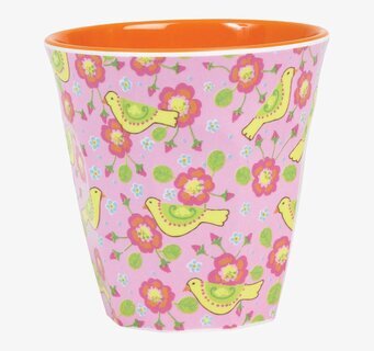 Bild av färgglad mugg med fåglar och blommor