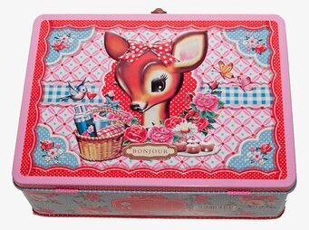 Bild av färgglad matlåda med rådjur och blommigt motiv