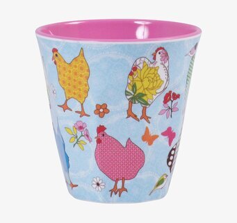 Bild av färgglad mugg med hönor och unik design
