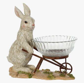 Bild av skulptur: hare med skottkärra och glasskål