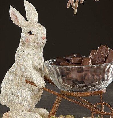 Bild av hare med skottkärra fylld med chokladbitar