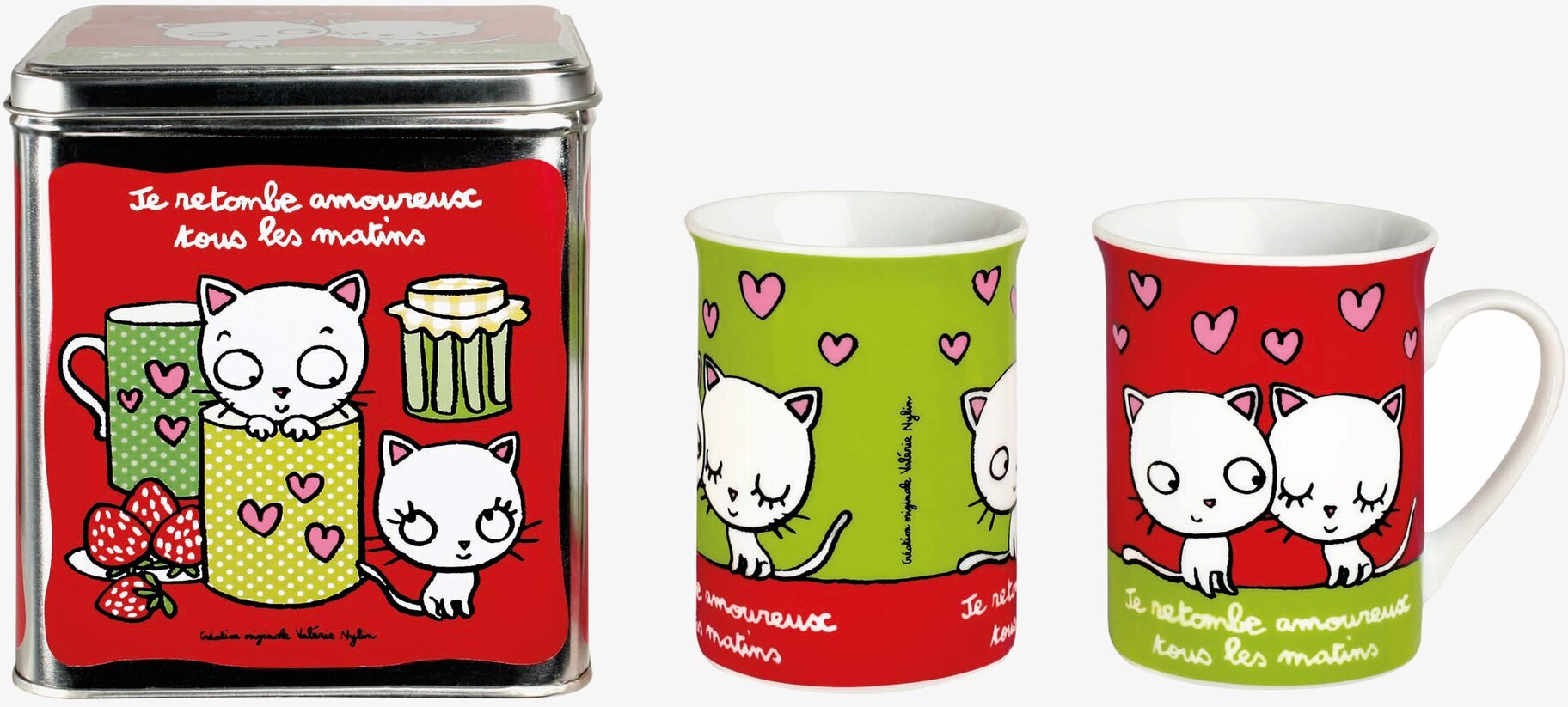 Bild av plåtburk och muggar med kattmotiv i lekfull design