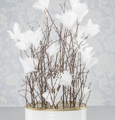 Bild av vita fjäderblommor i elegant metallkruka