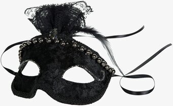 Bild av elegant svart maskeradmask med spets och fjäder