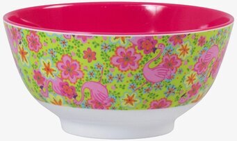 Bild av färgglad skål med flamingor och blommor