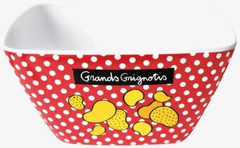 Bild av färgstark skål med prickigt mönster och text