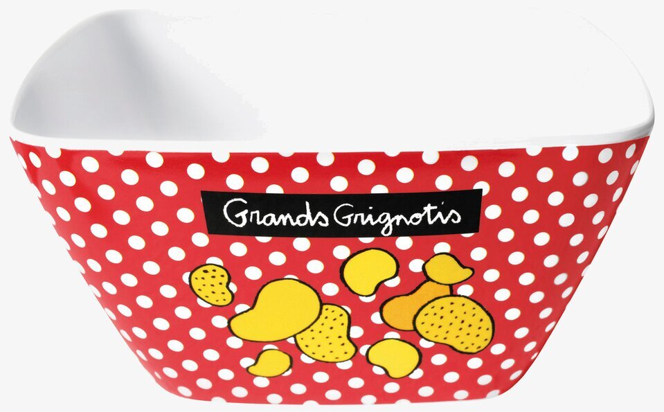 Bild av färgstark skål med prickigt mönster och text