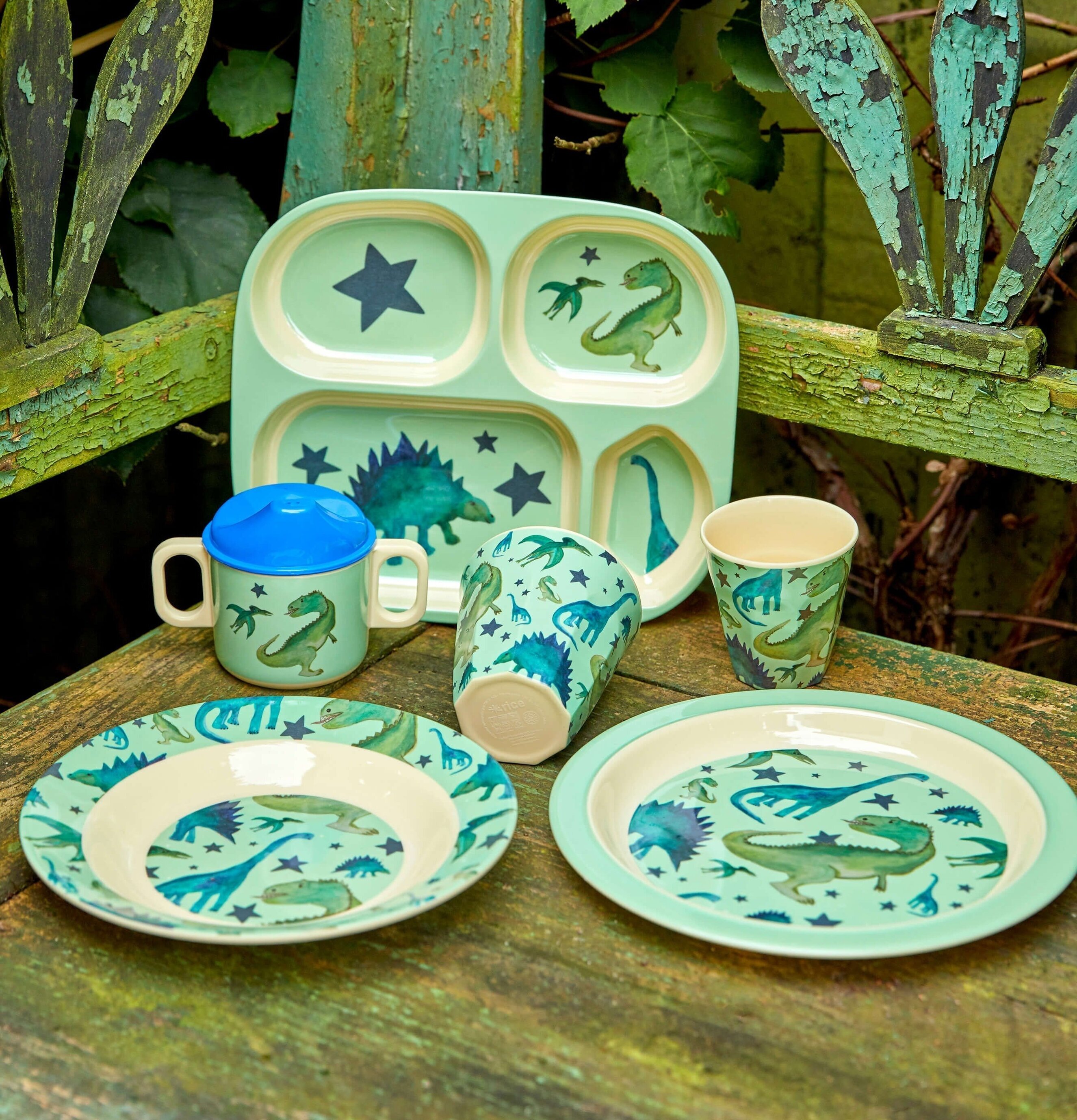 Bild av barnservis med dinosauriemotiv i trädgård