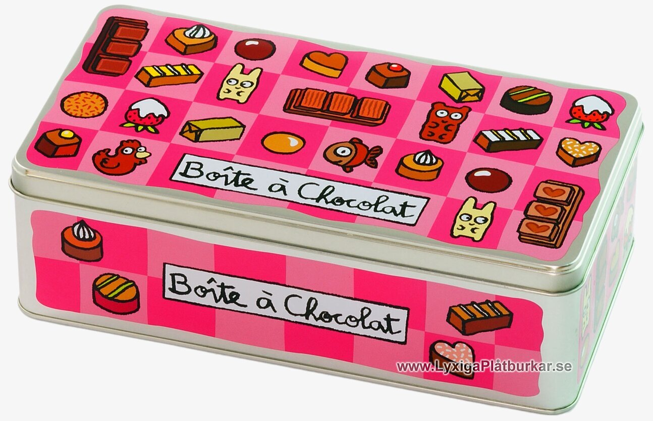 Bild av charmig plåtburk med lekfull chokladdesign