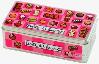 Bild av charmig plåtburk med lekfull chokladdesign