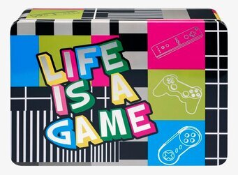 Bild av färgglad plåtburk med spel-tema och retrostil