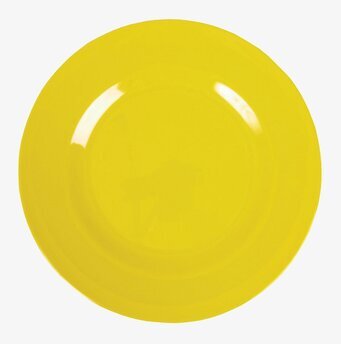 Bild av färgstark gul assiett i melamin med glansig yta