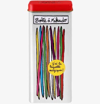 Bild av färgglad plåtburk för plockepinnförvaring