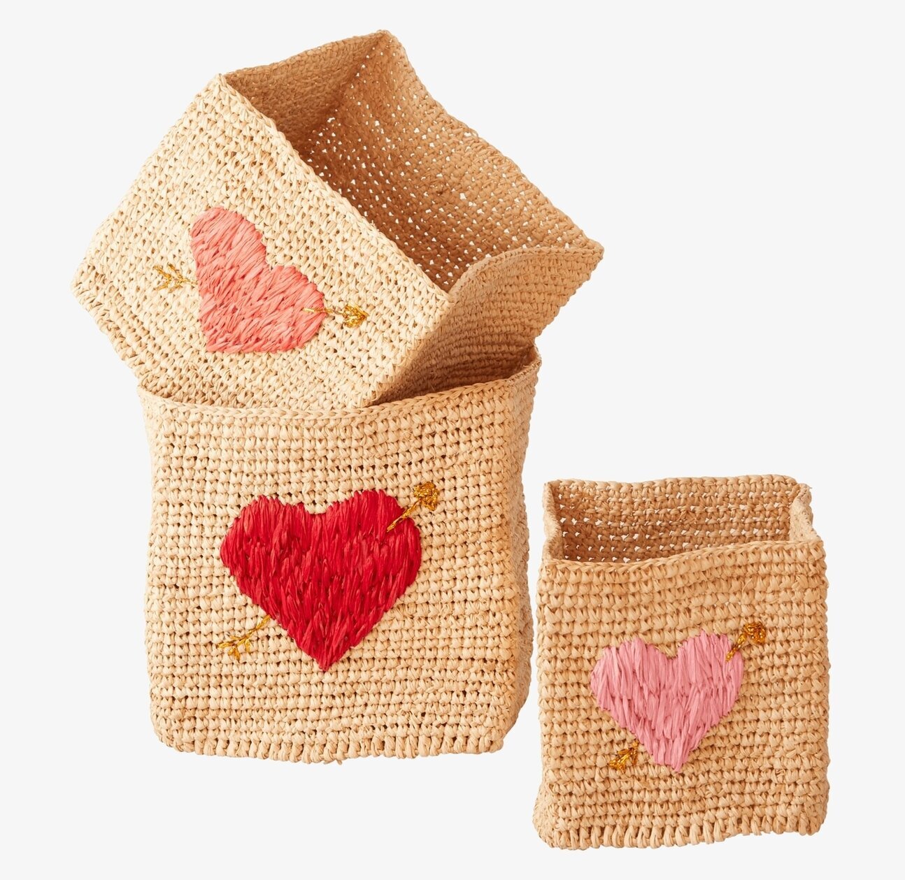 Korg Raffia Red Heart från Rice, tre flätade korgar med hjärtan