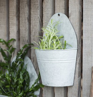 Bild av zinkväggkruka med växt på rustik trävägg