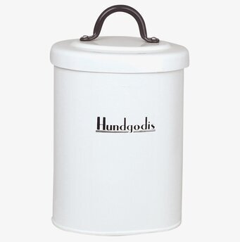 Bild av vit plåtburk för hundgodis med svart text