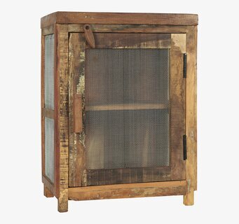 Foto av rustikt sängbord i återvunnet trä och metall