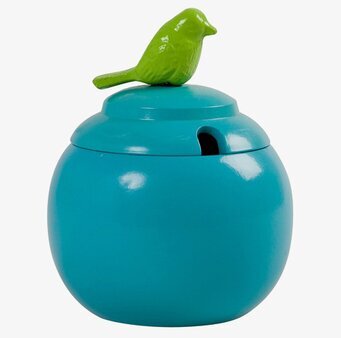 Bild av turkos syltburk med grön fågel på locket