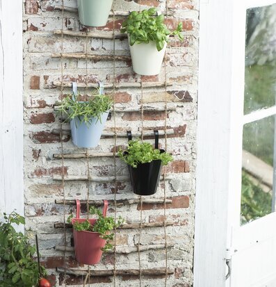 Bild av färgglada väggkrukor på rustik tegelvägg