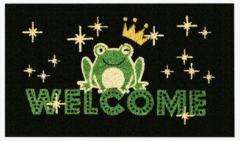 Bild av detaljrik dörrmatta med grodmotiv och texten Welcome