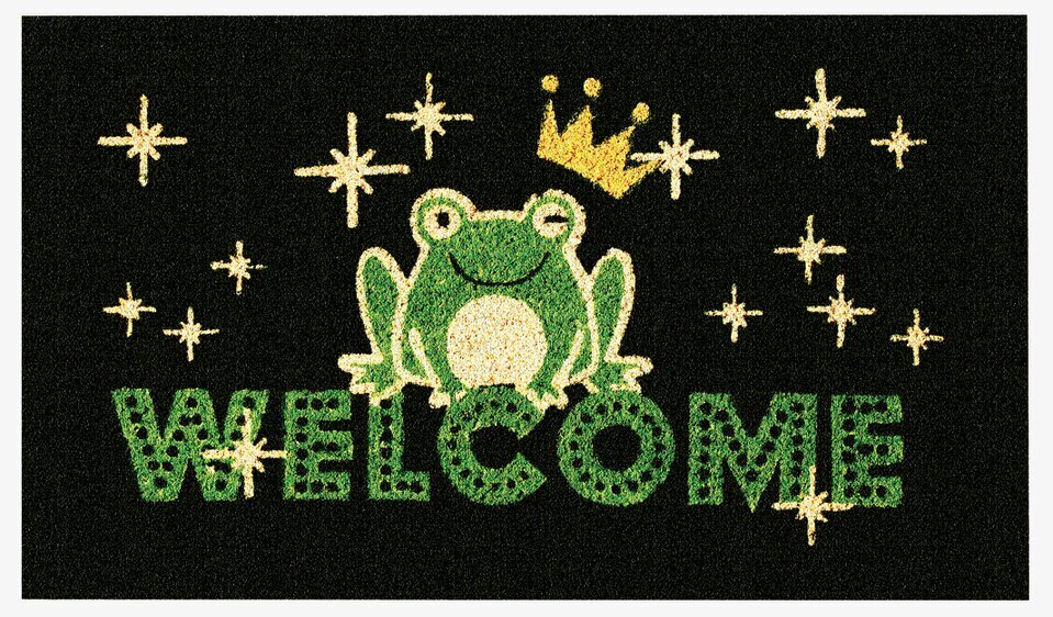 Dörrmatta Welcome svart från Derriére la porte med glad groda