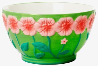 Foto av keramikskål med blommönster i grönt och rosa