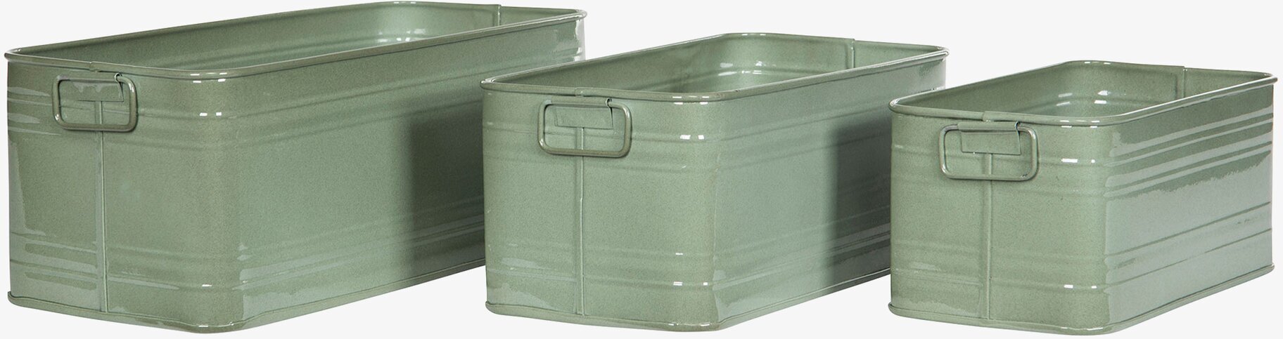 Foto av tre gröna kvadratiska krukor med handtag