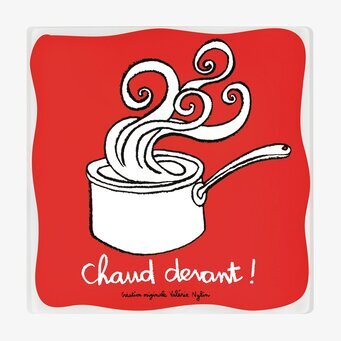 Bild av stilrent rött grytunderlägg med kastrullmotiv