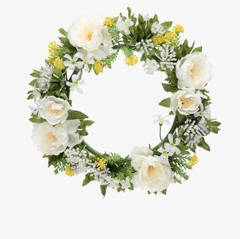 Bild av blomsterkrans med vita och gula blommor