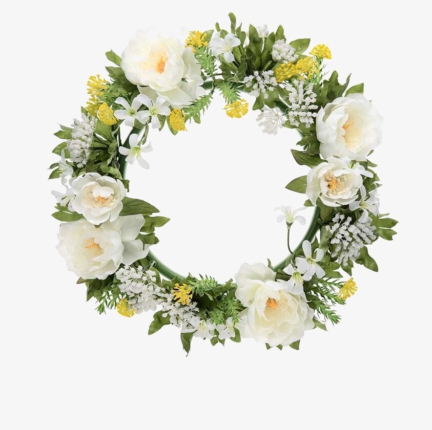 Blomsterkrans Vit/Gul 27 Cm från Mr Plant med vita och gula blommor