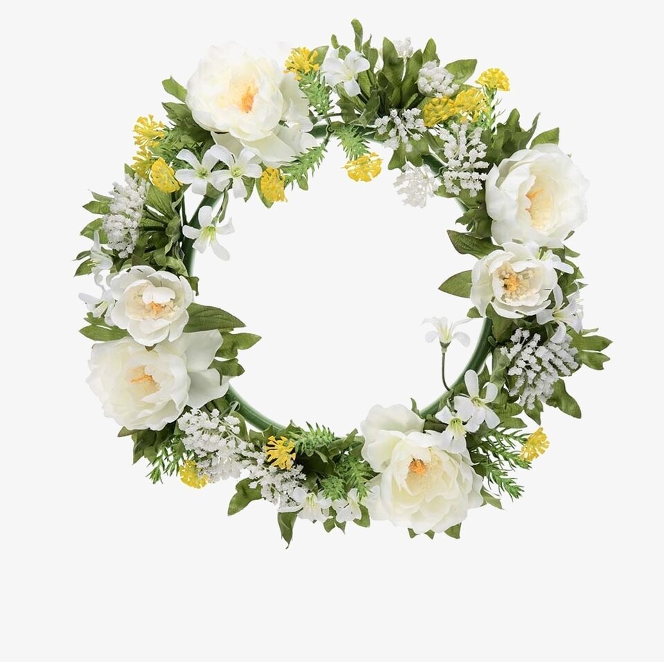 Blomsterkrans Vit/Gul 27 Cm från Mr Plant med vita och gula blommor