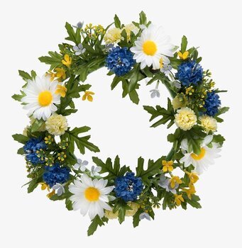 Bild av elegant blomsterkrans med vita och blå blommor