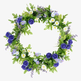 Foto av vacker blomsterkrans med blå och vita blommor