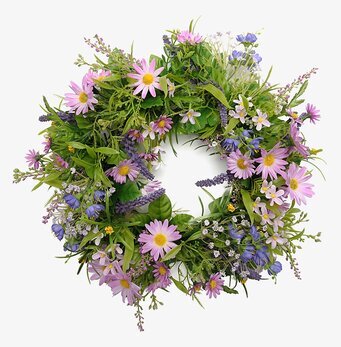 Bild av en färgsprakande blomsterkrans i lila nyanser