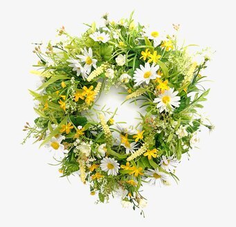 Foto av vacker blomsterkrans i gula och vita toner