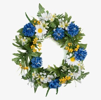 Bild av blomsterkrans med blå, vita och gula blommor