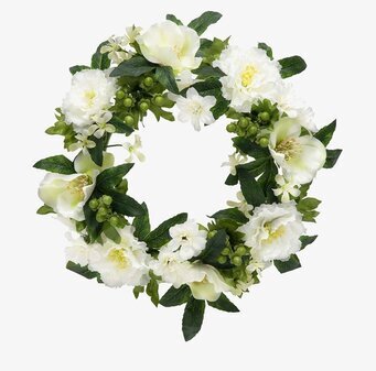 Bild av blomsterkrans med vita blommor och gröna blad