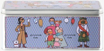 Bild av färgglad plåtburk för munskyddsförvaring