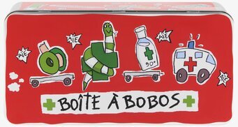 Bild av färgglad medicinsk plåtburk med humoristisk design