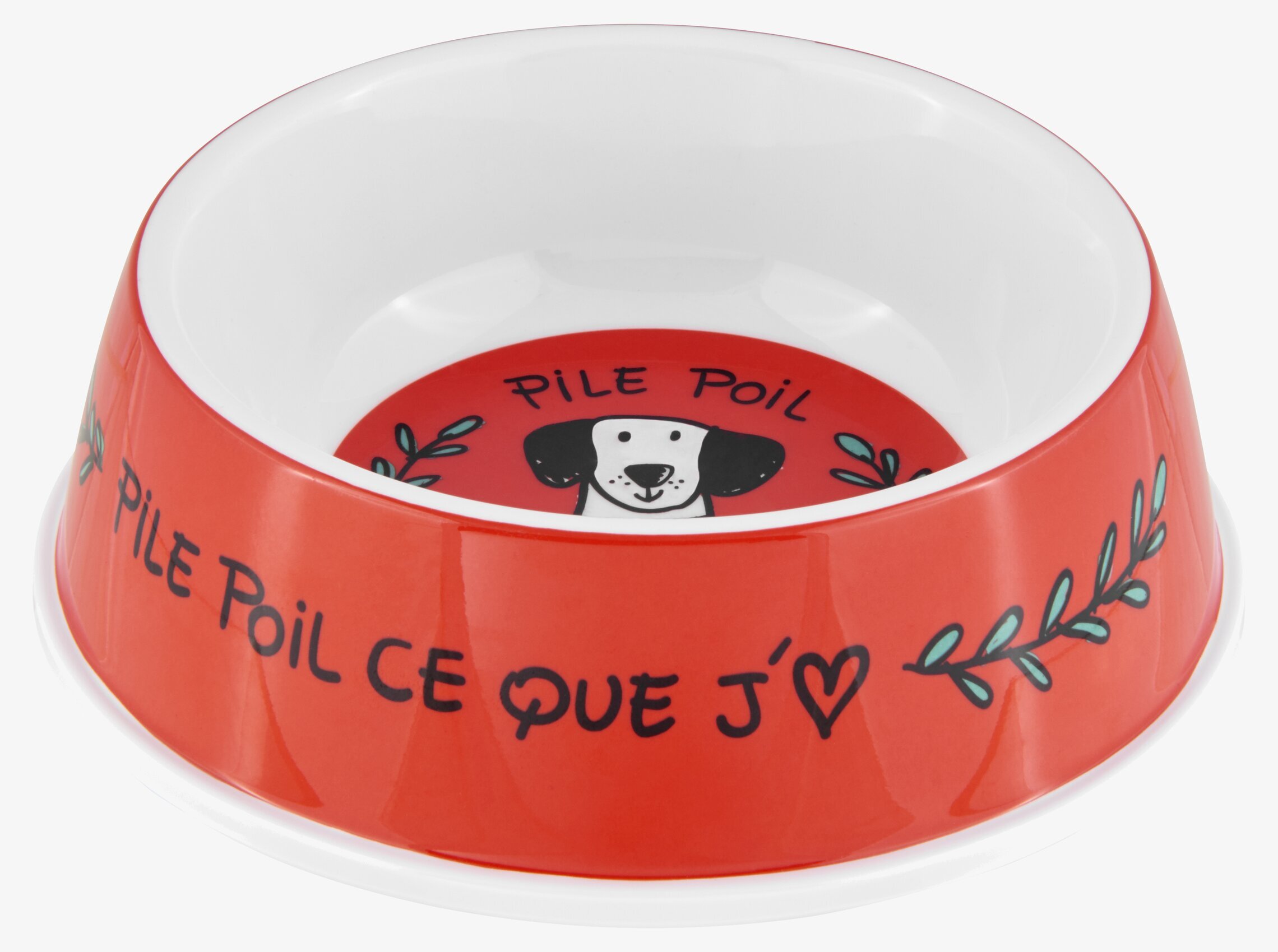 Bild av röd hundmatskål med unik design och text