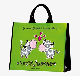 Bild av färgglad shoppingkasse med glada kor och hjärtan