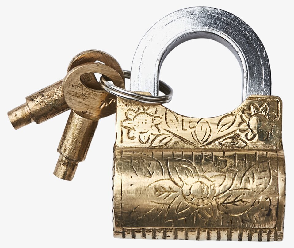 Bild av robust hänglås i mässing med dekorativ gravyr
