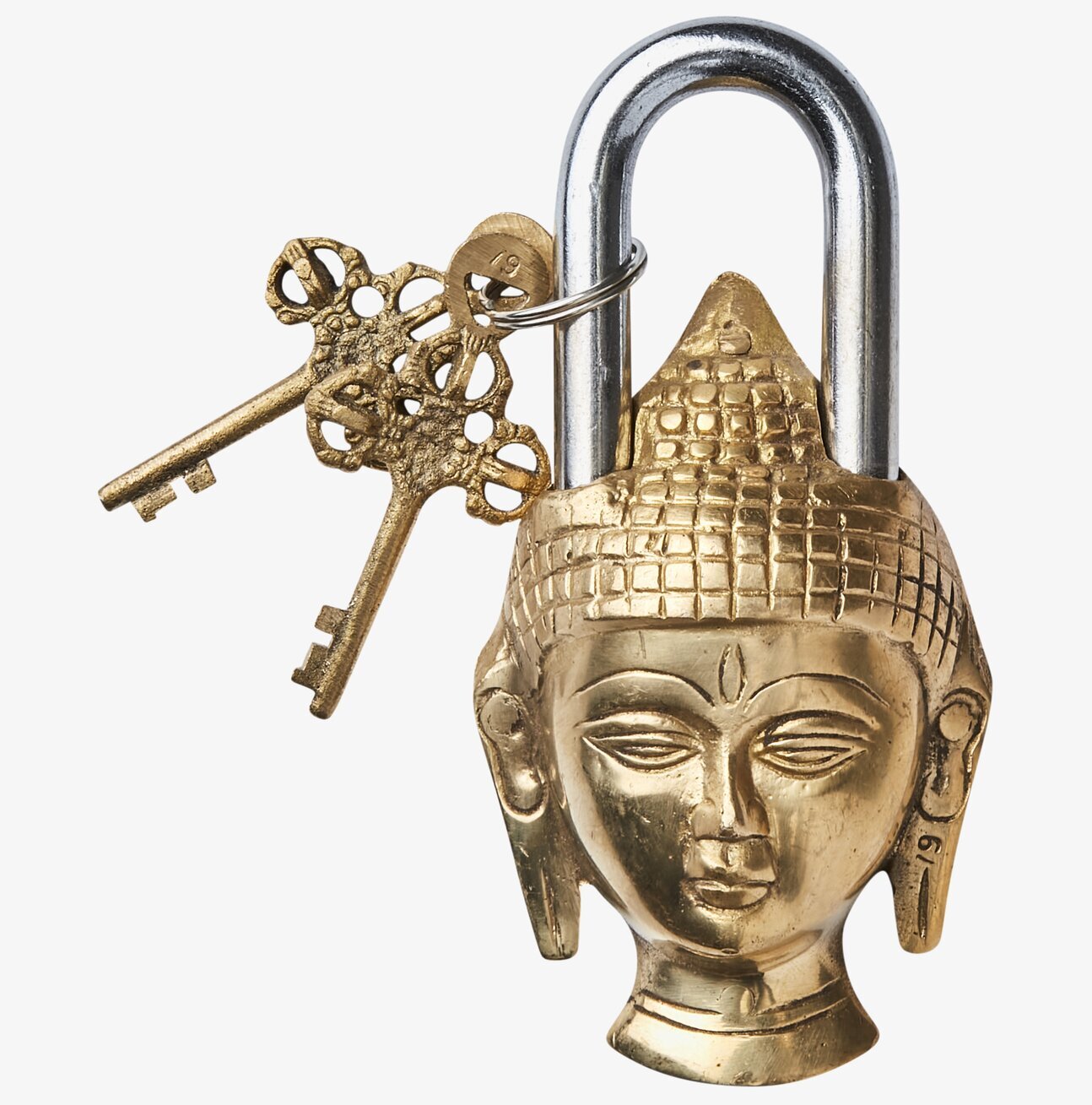 Bild av ett elegant hänglås i mässing med buddhaansikte