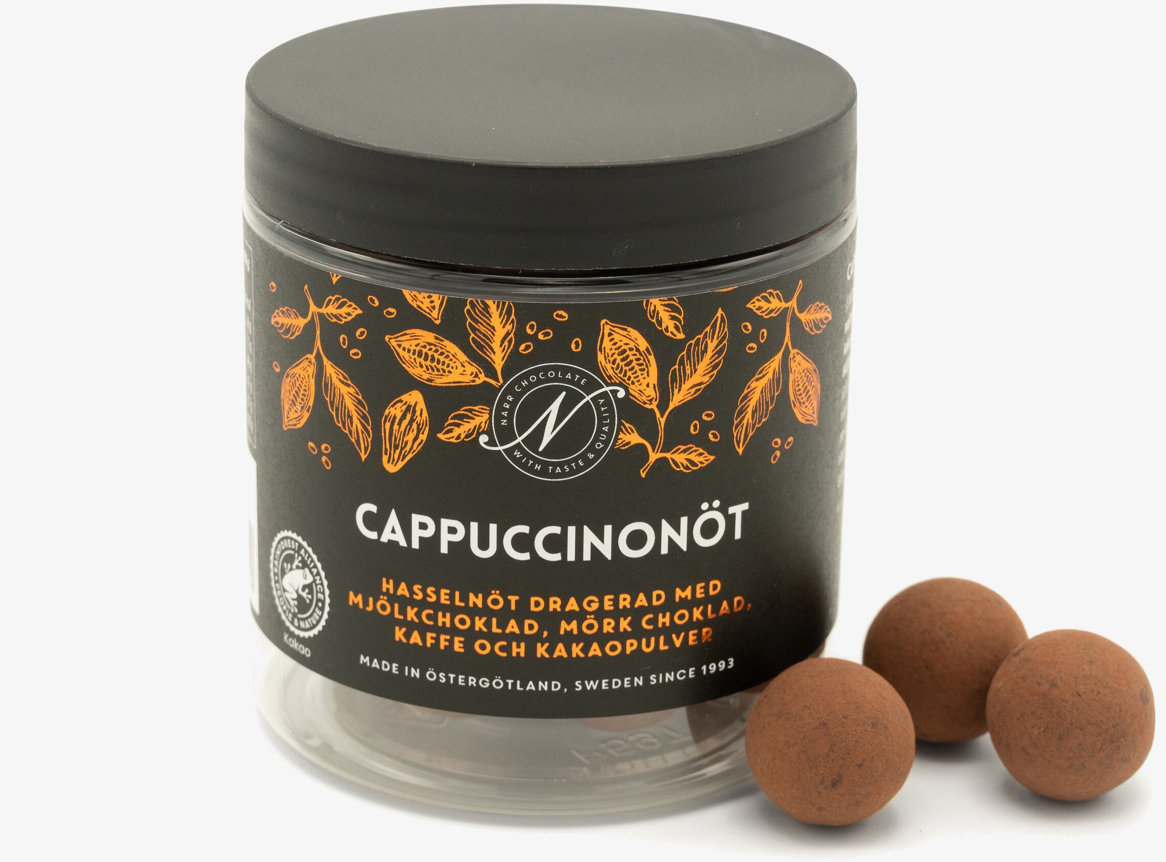 Cappuccinonöt från Narr Chocolate i elegant plastburk