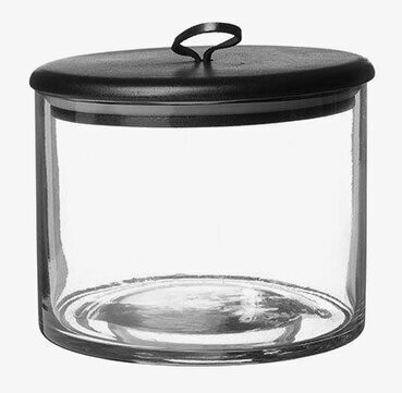 Foto av stilren glasburk med svart lock och handtag