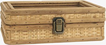 Bild av elegant smyckeskrin med glasruta och trädetaljer