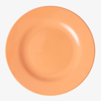 Bild av orange assiett med glansig yta och rundade kanter