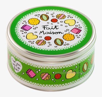 Bild av livfull grön plåtburk med konfektillustrationer